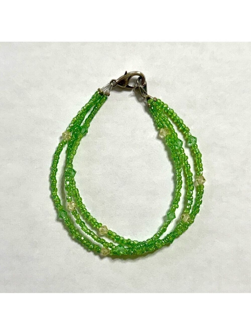Handmade 3 Strand Green Beaded Bracelet 7 Inch